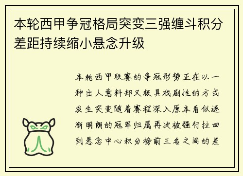本轮西甲争冠格局突变三强缠斗积分差距持续缩小悬念升级 本轮西甲争冠格局突变三强缠斗积分差距持续缩小悬念升级