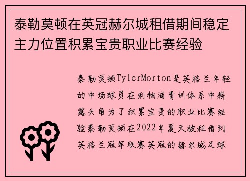 泰勒莫顿在英冠赫尔城租借期间稳定主力位置积累宝贵职业比赛经验